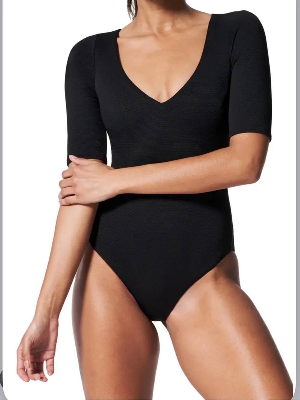 Spanx Pique Shaping Plunge Short Sleeve One Piece Swimsuit Very Black Sz S NWT